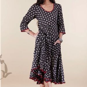 Santa Fe Dress, Long, 3/4 Sleeve, Black Bagru (Size XXS)